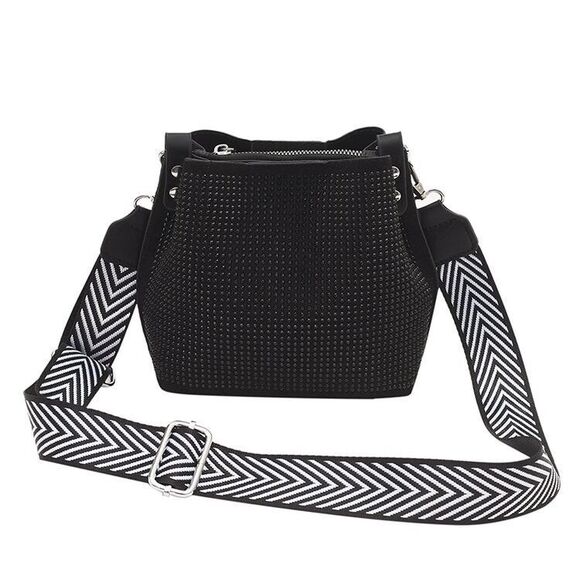 Handbags - Women's Black And White Bucket Shoulder Bag With Long Wide Strap